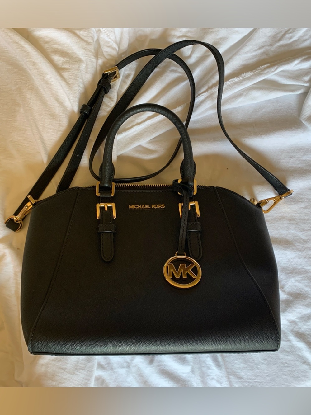 Michael Kors Black Saffiano Satchel with Gold MK Pendant - Picture 3 of 5